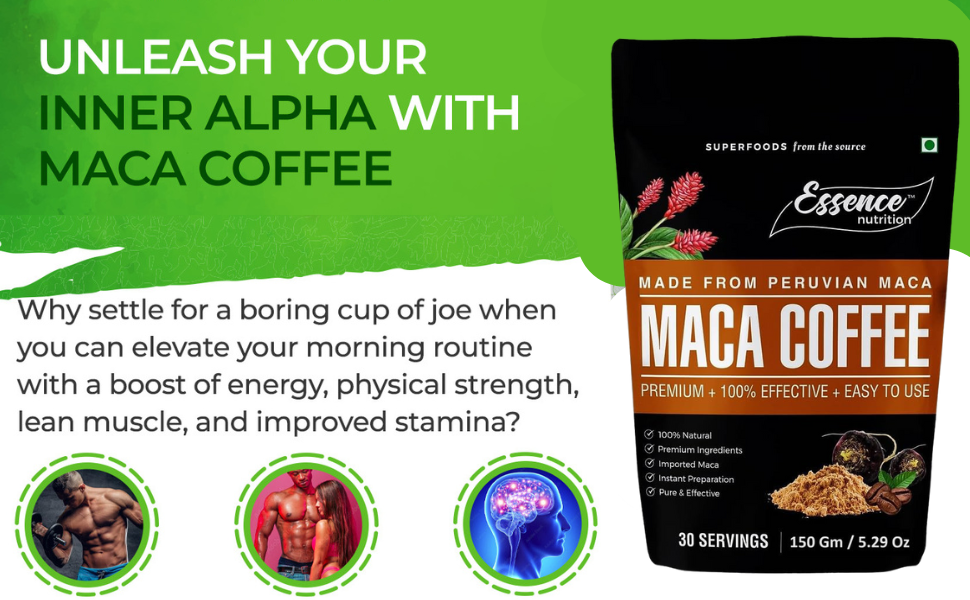 Essence Nutrition Maca Coffee For Men - (100Gm) - Pure & Effective Maca Root Powder Coffee For Men's Performance, Muscle Growth