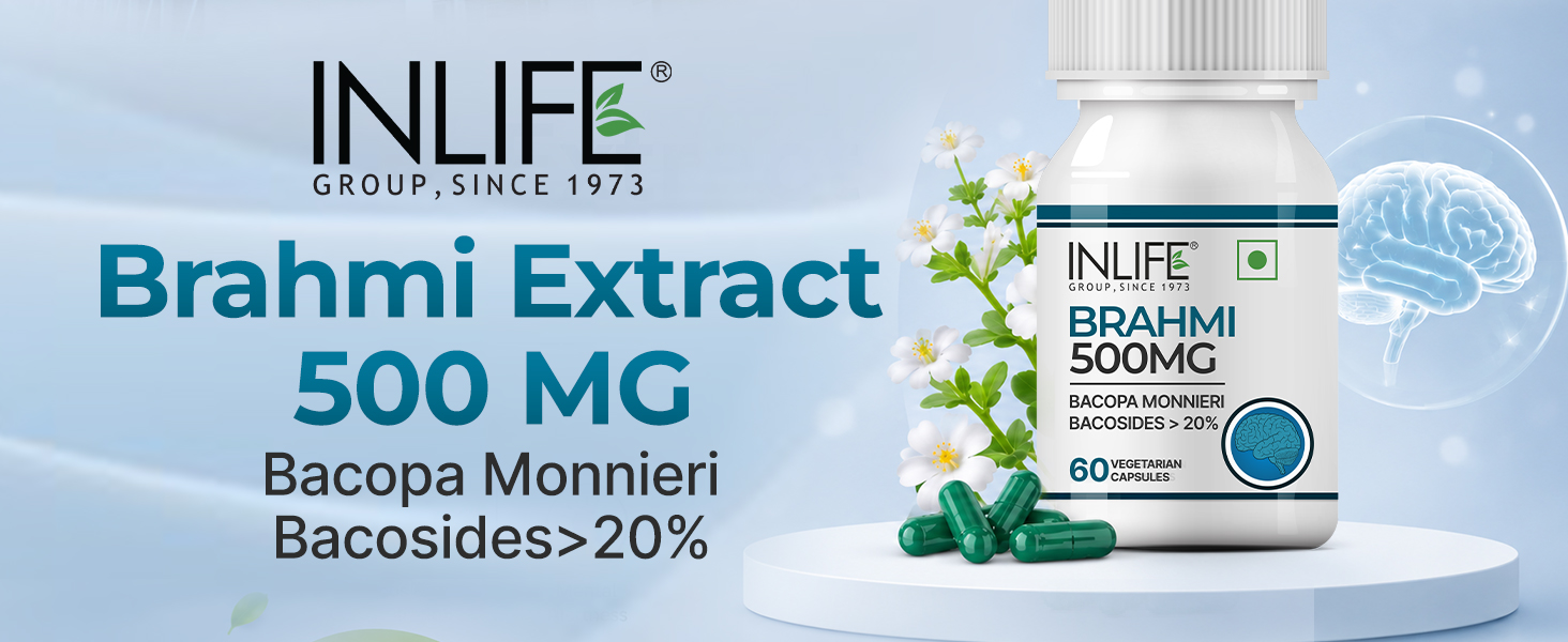 INLIFE Brahmi Extract 500mg Capsules, Bacopa Monnieri 20%, 60 Veg Caps