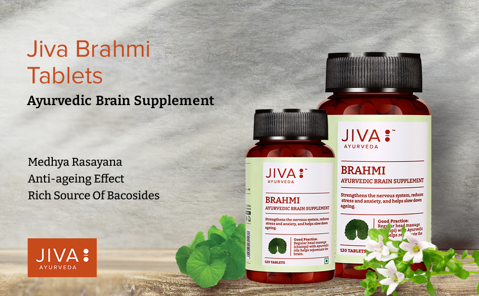 Jiva Brahmi Tablets 500mg | Ayurvedic Formulation Rejuvenates Nervous System, Reduces Stress, Anxiety And Slows Down Aging- 120 Tablets (Pack Of 1)