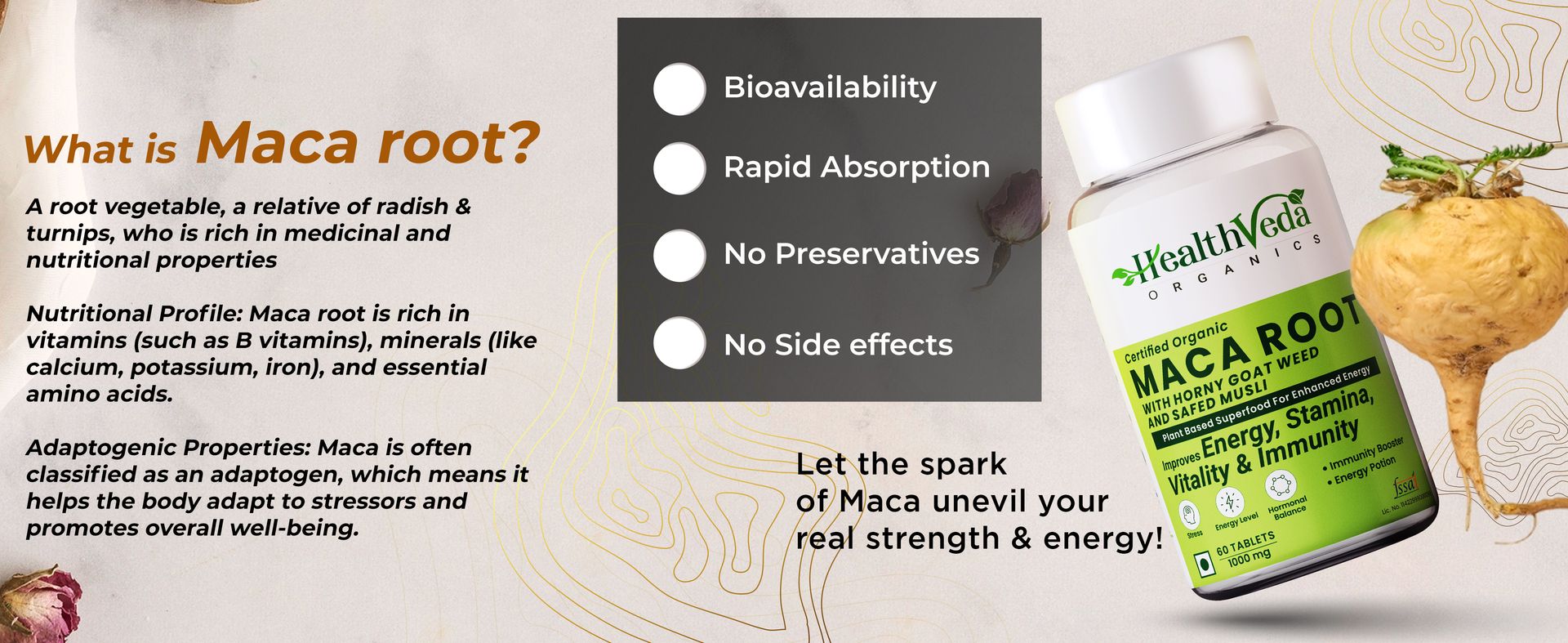 Health Veda Organics Maca Root with Horny Goat Weed & Safed Musli (1000 mg) | 60 Veg Tablets | Energy, Stamina & Vitality Support