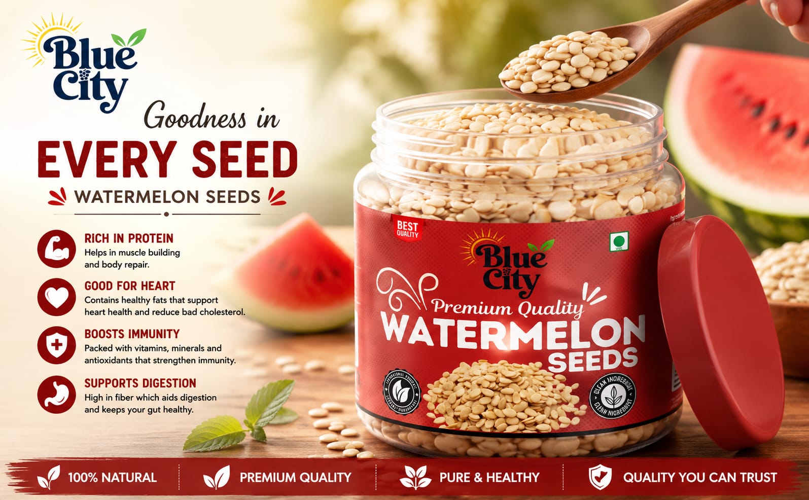 Blue City Organic Watermelon Seeds 200g - High in Protein | Raw Tarbuj Seed for Eating | Magaj Seeds | Non - GMO | Raw seeds | Nutrients Rich | Source of antioxidants