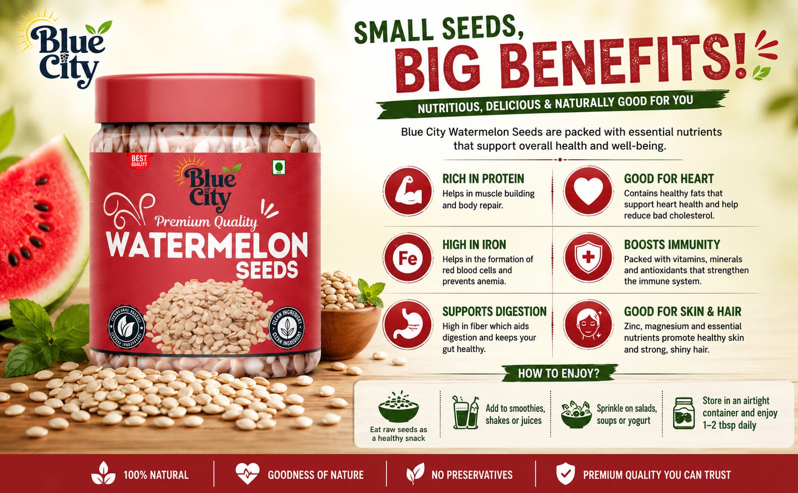 Blue City Organic Watermelon Seeds 200g - High in Protein | Raw Tarbuj Seed for Eating | Magaj Seeds | Non - GMO | Raw seeds | Nutrients Rich | Source of antioxidants