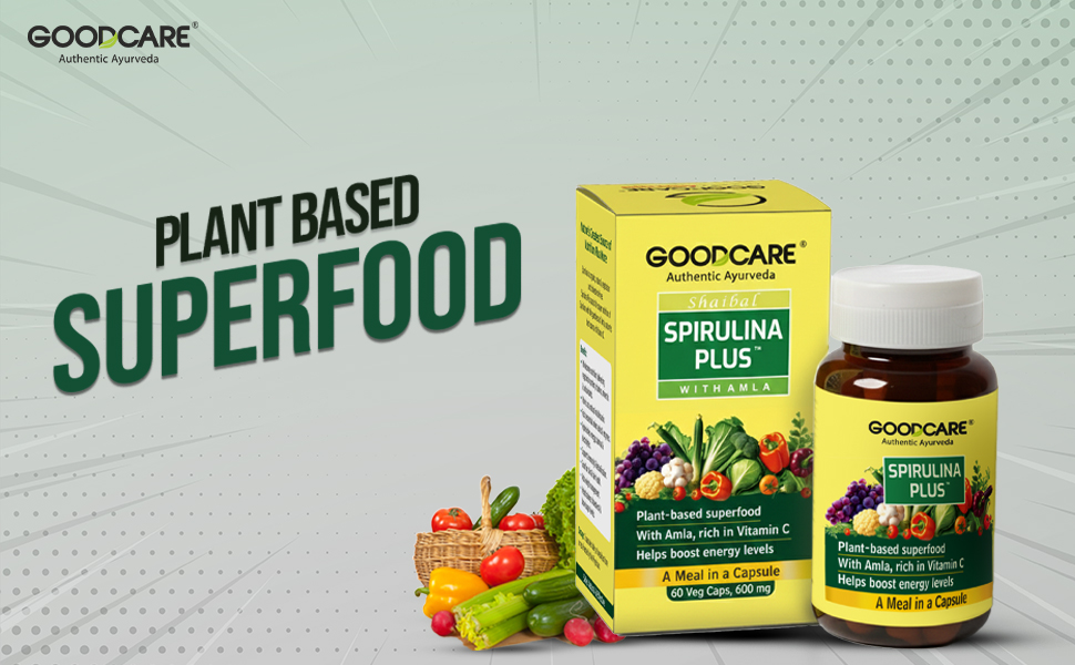 Goodcare Spirulina Plus 60 Capsules | Ayurvedic Superfood with Amla & Vitamin C | Boosts Energy, Immunity & Metabolism | Supports Weight Management