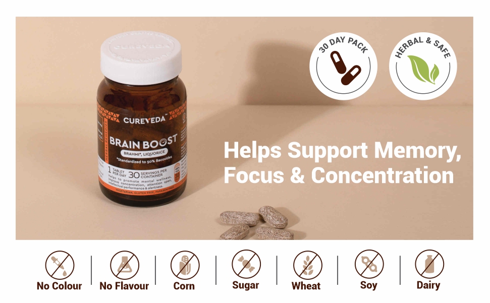 Cureveda Herbal Brain Boost Tablet for Brain & Memory Wellness | Extracted with Brahmi and Liquorice | Improves Learning, Memory Retention | Vegetarian | Gluten & Paraben Free (30 Tablets)