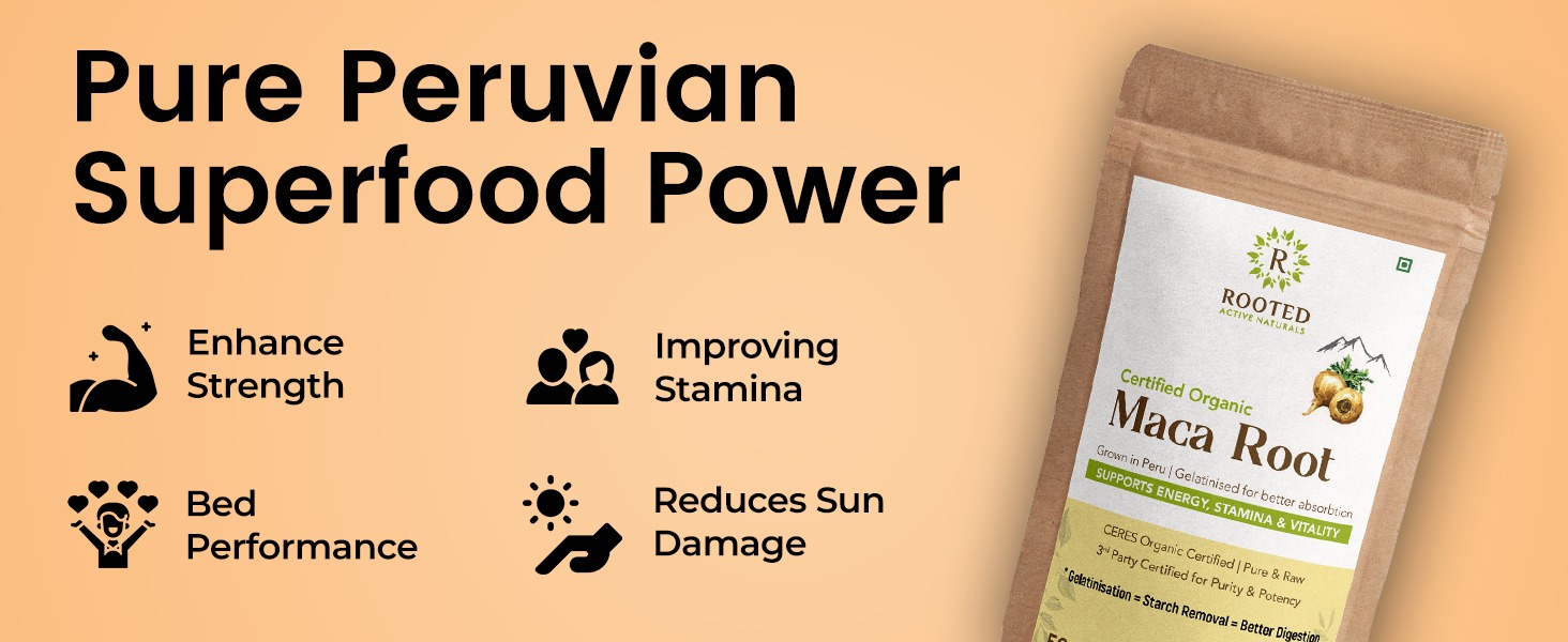 Rooted Active's Organic Maca Root Powder - Peruvian Superfood, Gelatinized for Easy Digestion, Traditionally Used for Energy and Hormone Balance, Certified Organic, 100 Grams