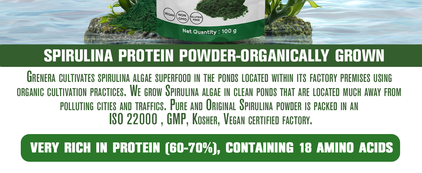 Grenera Spirulina Powder, Rich in Protein, Vitamins, Minerals, Gluten Free, Vegan, Non GMO, 100 grams