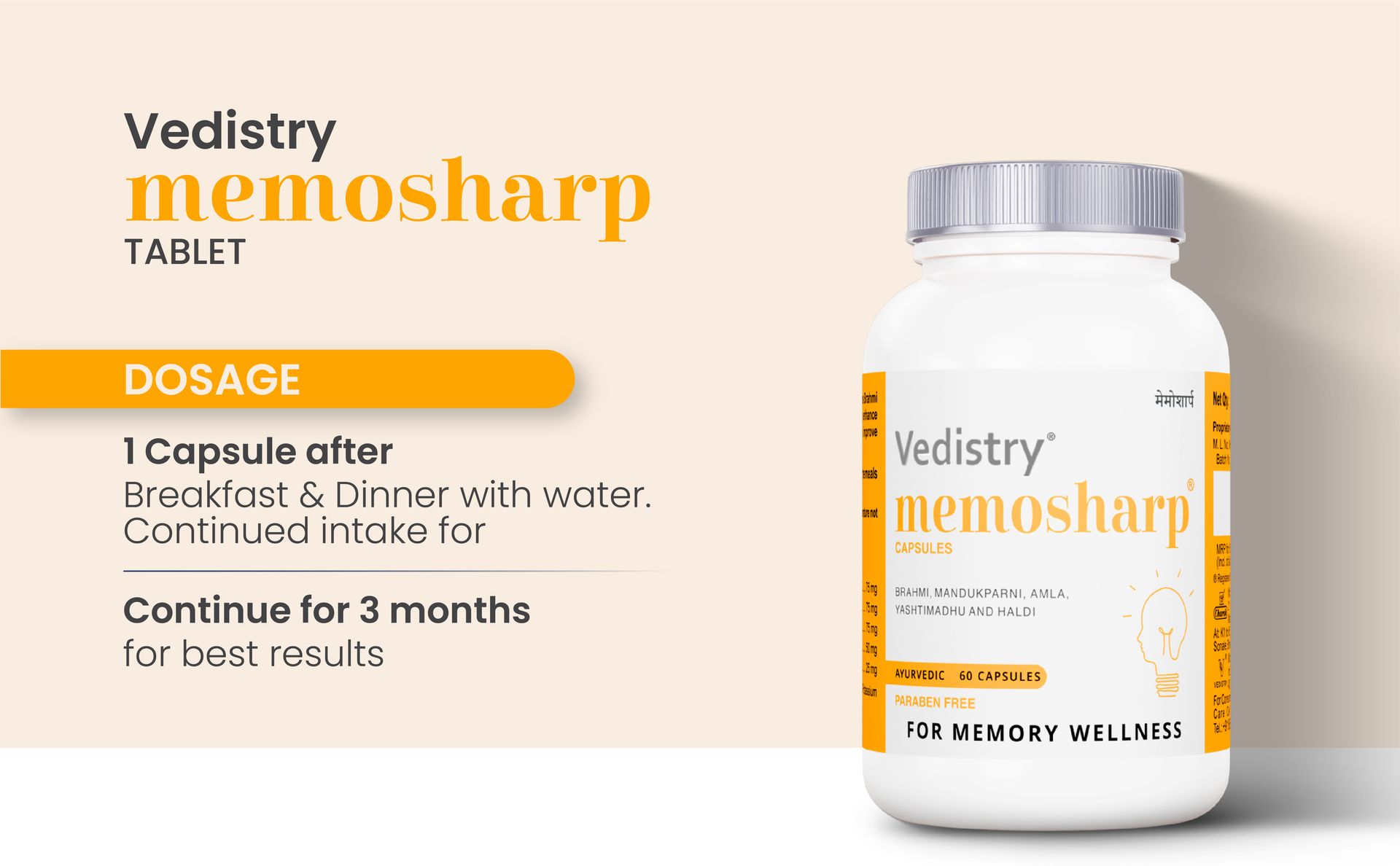 Vedistry Memosharp Capsules with Brahmi, Mandukparni, Yashtimadhu, Amalaki & Haridra for Memory Wellness | Ayurvedic Brain Booster Supplement for Memory, Clarity, Reduces Stress & Anxiety | Support for Cognitive Health, Concentration, Focus Mood & Learning Activities – 60 Capsules (Pack of 1)