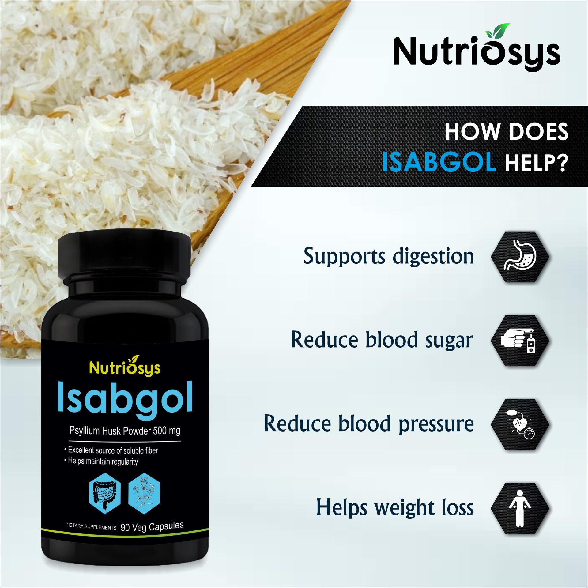Nutriosys Isabgol 500mg Supplement | Supports Digestive Health | Helps Manage Glucose Levels | Natural Soluble Fiber | From Psyllium Husk | 90 Veg Capsules