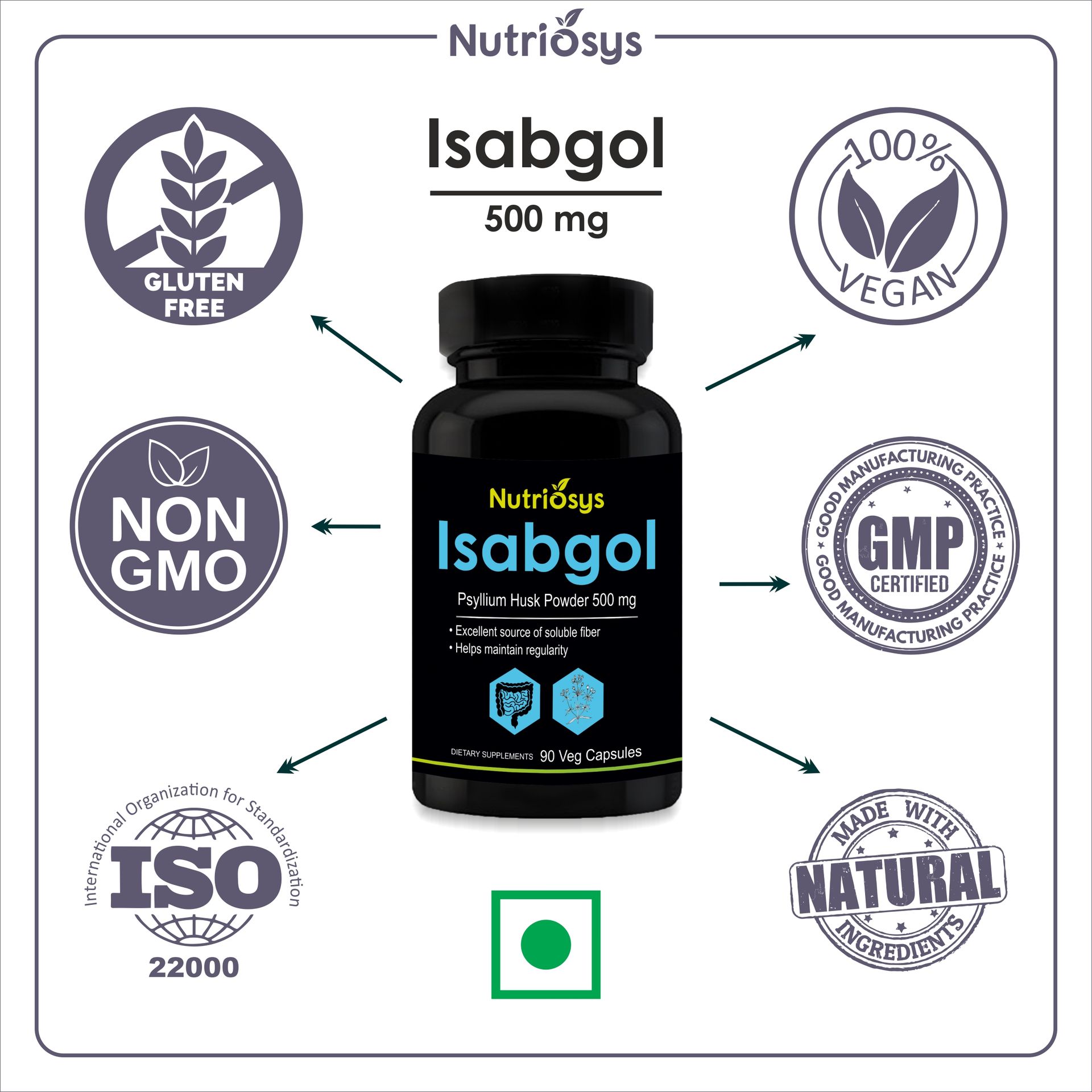 Nutriosys Isabgol 500mg Supplement | Supports Digestive Health | Helps Manage Glucose Levels | Natural Soluble Fiber | From Psyllium Husk | 90 Veg Capsules