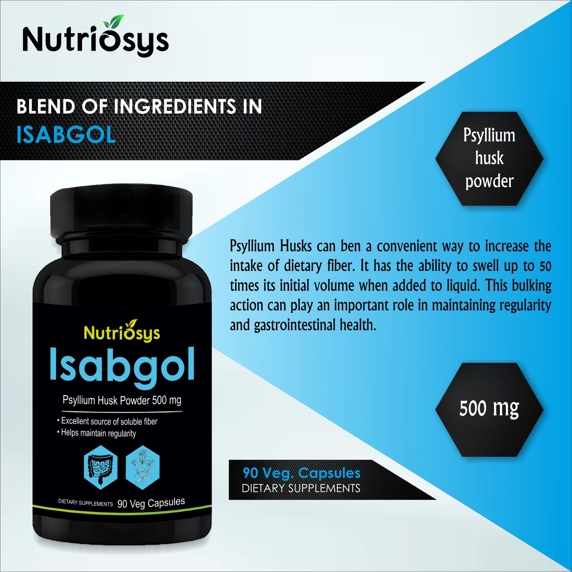 Nutriosys Isabgol 500mg Supplement | Supports Digestive Health | Helps Manage Glucose Levels | Natural Soluble Fiber | From Psyllium Husk | 90 Veg Capsules