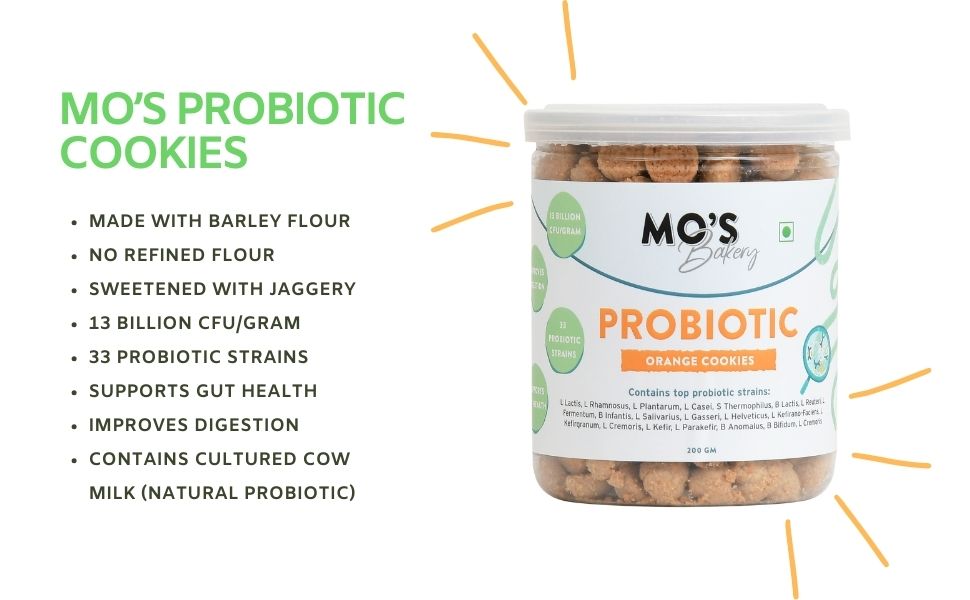 Mo's Probiotic Cookies, 200 G | Orange Digestive Cookies | Probiotic Supplement With 13 Billion CFU | 33 Probiotic Strains | Improve Digestion & Gut Health | Acidity Relief