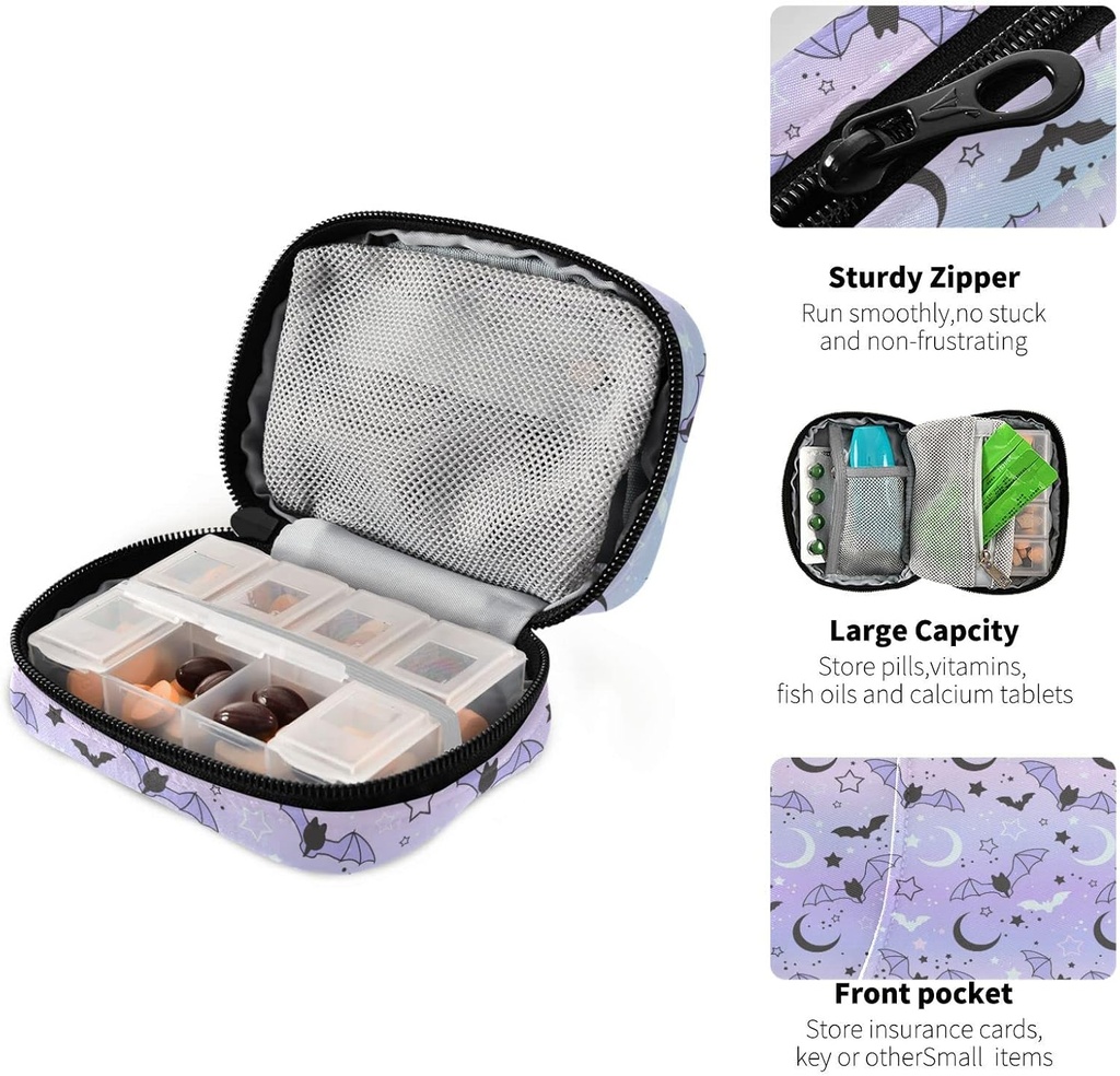 Pill Box Purple Bat Moon 7 Day Pill Case Travel Pill Organizer Bag with Zipper Portable Weekly Vitamin Medicine Supplement Holder Pouch Bag 5