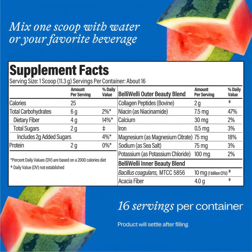 Belli Welli Fiber Supplement for Women & Men – Premium Daily Fiber Powder from Organic Acacia with Added Collagen, Electrolytes & Probiotics – No Bloat, Constipation & Gut Health Support (Watermelon) 4