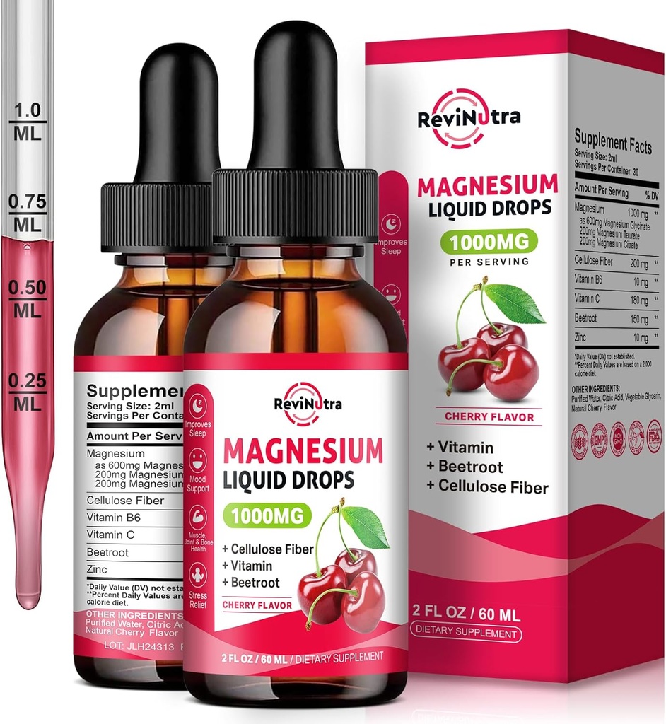2 Pack Magnesium Glycinate Liquid Drops, 1000mg of Magnesium Glycinate, Taurate & Citrate Liquid Drops for Bone, Sleep, Calm, Muscle, Energy & Relaxation, High Absorption, Sugar-Free Cherry Flavor 2