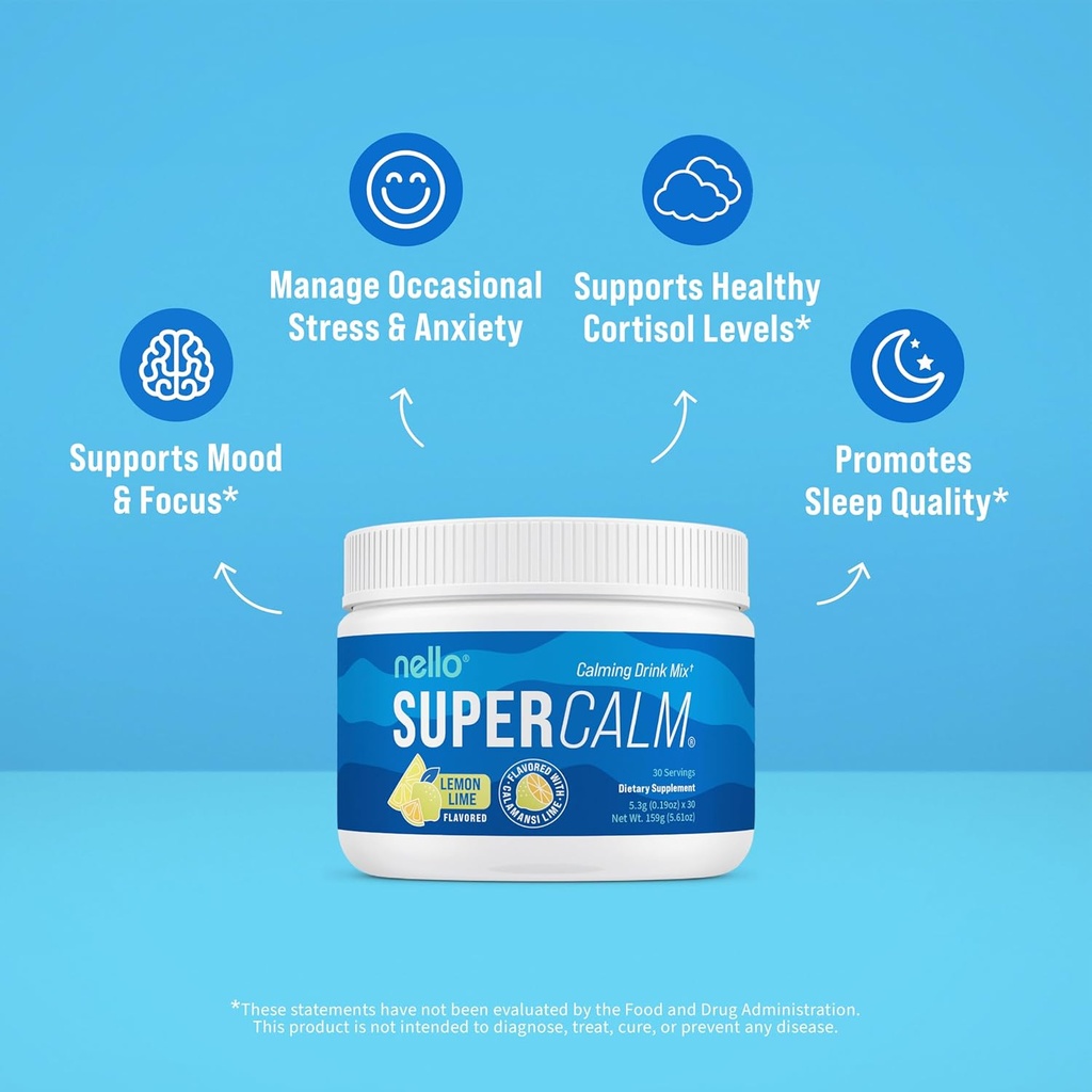 Nello Supercalm Powdered Drink Mix, Lemon Lime, L Theanine, Ksm-66 Ashwagandha, Magnesium Glycinate, Vitamin D 3, Supplements for Relaxation & Focus, Natural, No Sugar, Non GMO, 30 Srvgs 4
