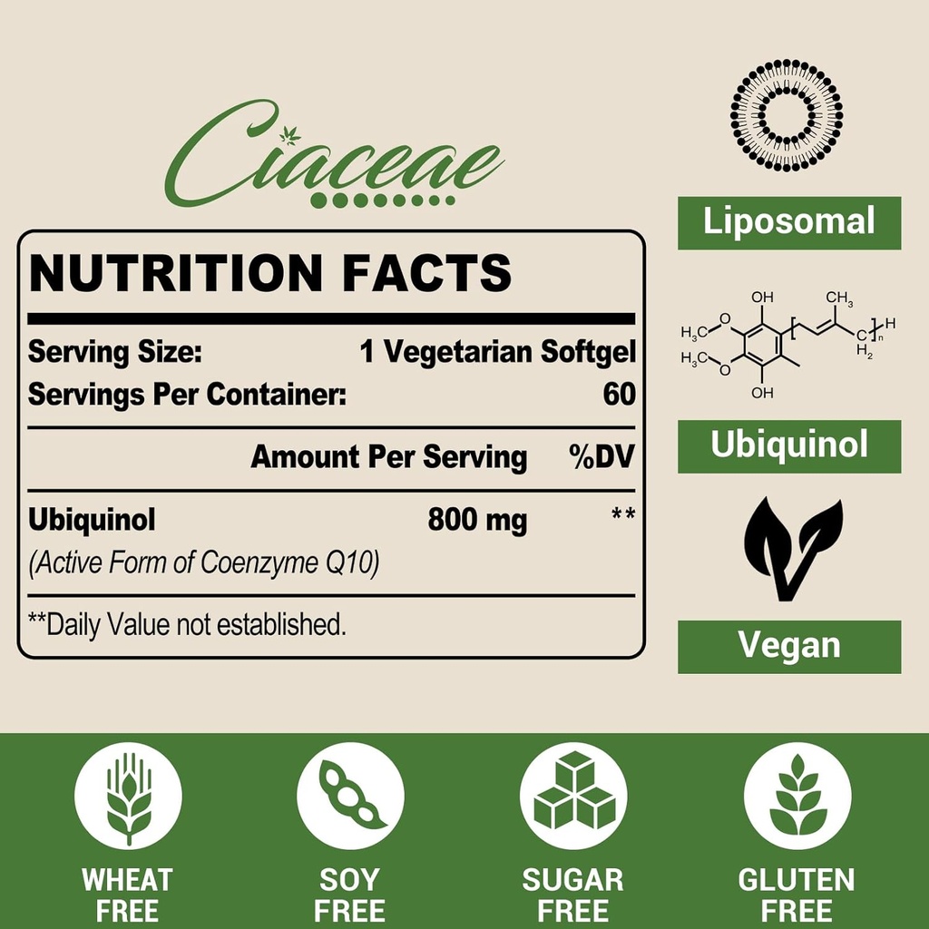 Liposomal CoQ10 800mg Ubiquinol Softgel, Max Absorption Ubiquinol Coenzyme Q10, Ubiquinol CoQ10 Supplement for Antioxidant, Heart Function & Energy Production, Pure CoQ10 800mg, 360 Vegan Softgels 3