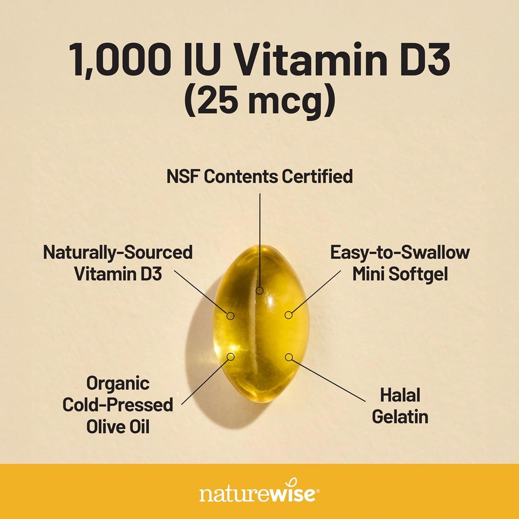 NatureWise Vitamin D3 1000iu (25 mcg) 200-Day Supply for Immune Support, Healthy Muscle Function, and Bone Health - Non-GMO, Gluten Free in Organic Extra Virgin Olive Oil, (Mini Softgel), 200 Count 6