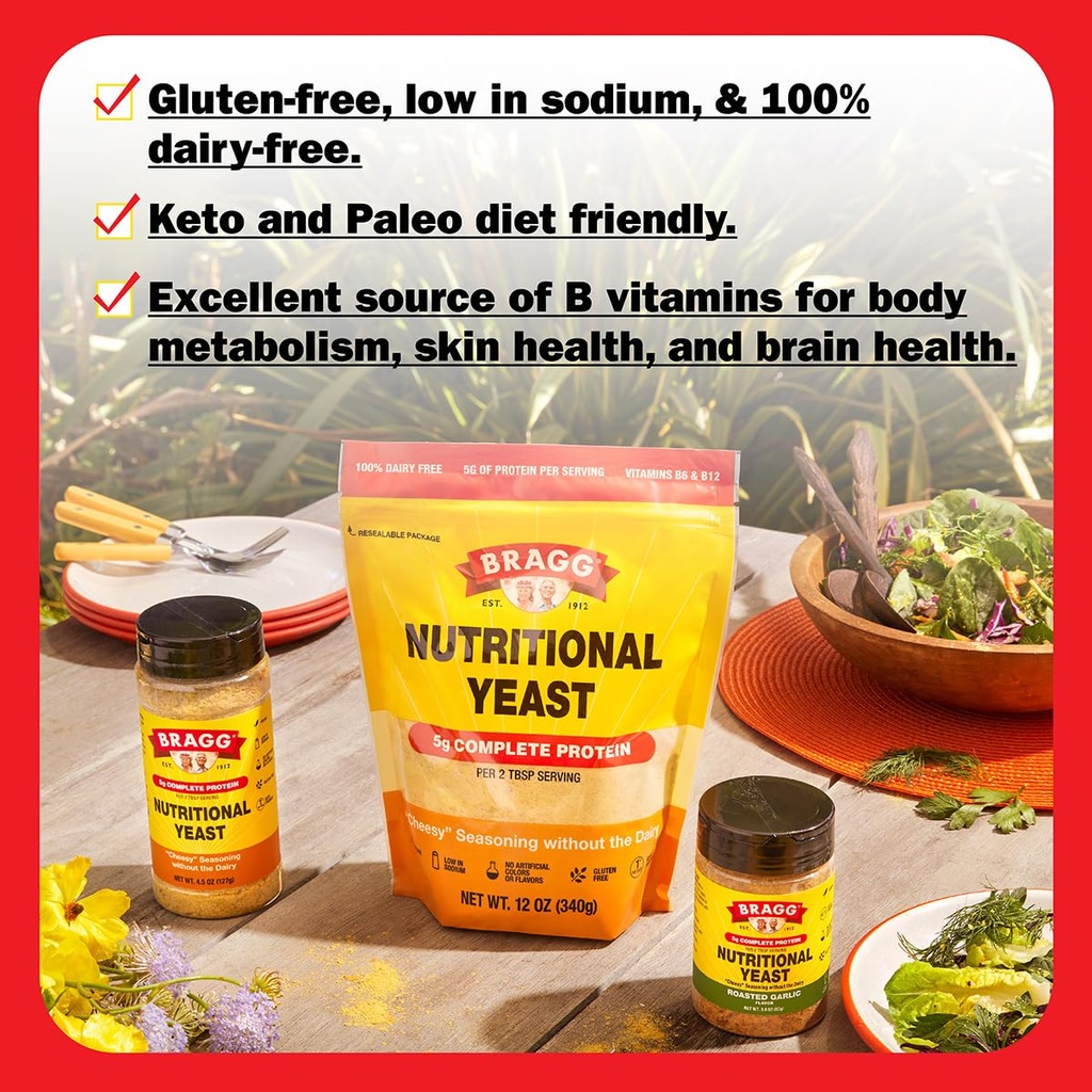 Bragg Nutritional Yeast Roasted Garlic Seasoning - 3 oz - Dairy-Free Parmesan Cheese Substitute - Perfect for Salads, Pastas, Popcorn, and More 5