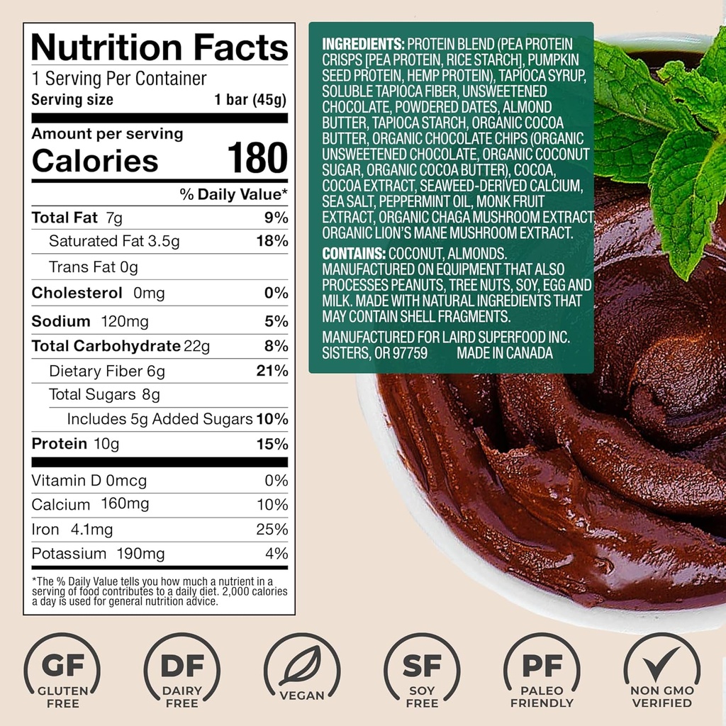 Laird Superfood Functional Protein Bars – Protein Bar but Better with Real Ingredients, Functional Mushrooms 10g Plant-Based Protein, 6g Fiber - Non-GMO - Mint Chocolate, 10 Count (Pack of 1) 3