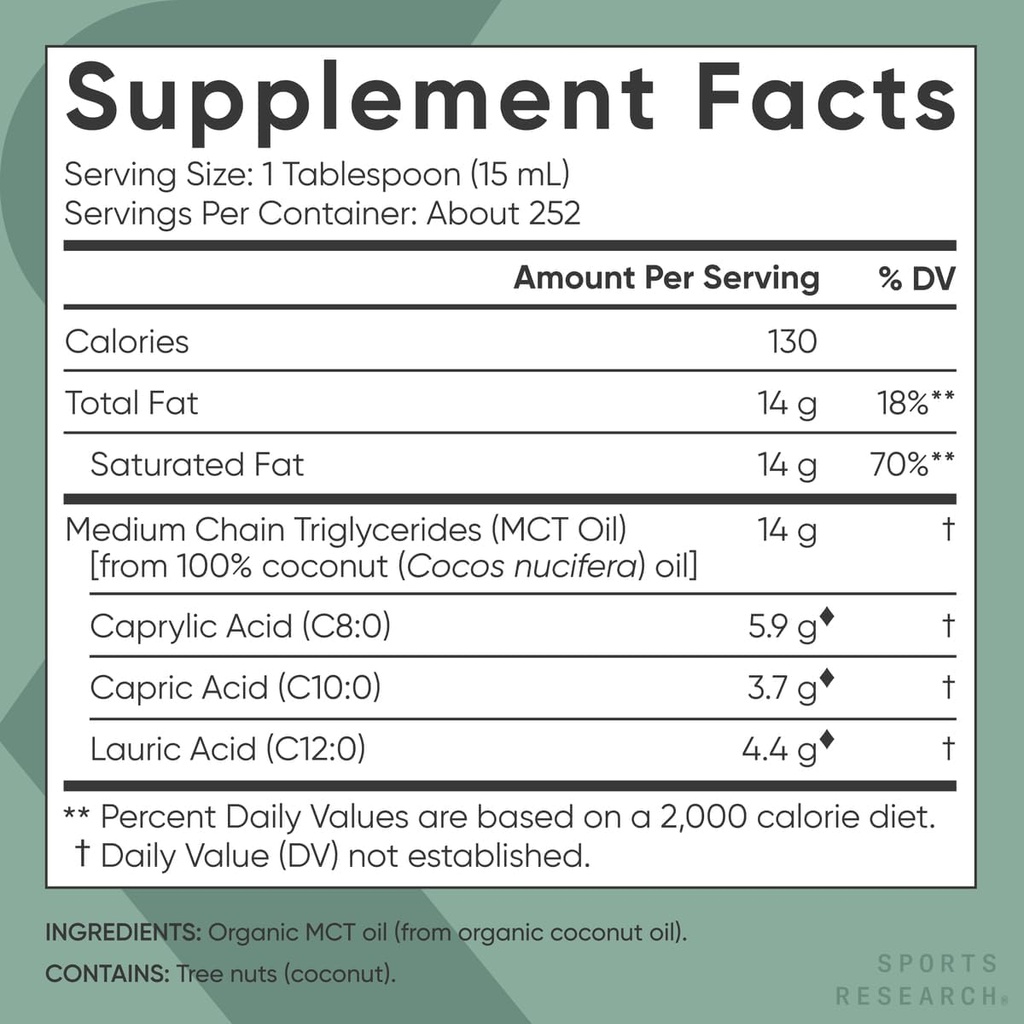 Sports Research Keto MCT Oil from Organic Coconuts - Fatty Acid Fuel for Body + Brain - Triple Ingredient C8, C10, C12 MCTs - Perfect in Coffee, Tea, & More - Non-GMO & Vegan - Unflavored (128 Oz) 6