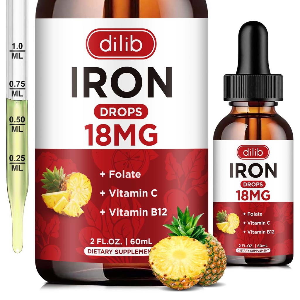 Płynny suplement żelaza dla kobiet i mężczyzn Żelazo Dropy Suplementy dla niedokrwistości z folianem, Witamina C, B12 dla Red Blood Support- Ananas Flavor, 2 Fl Oz