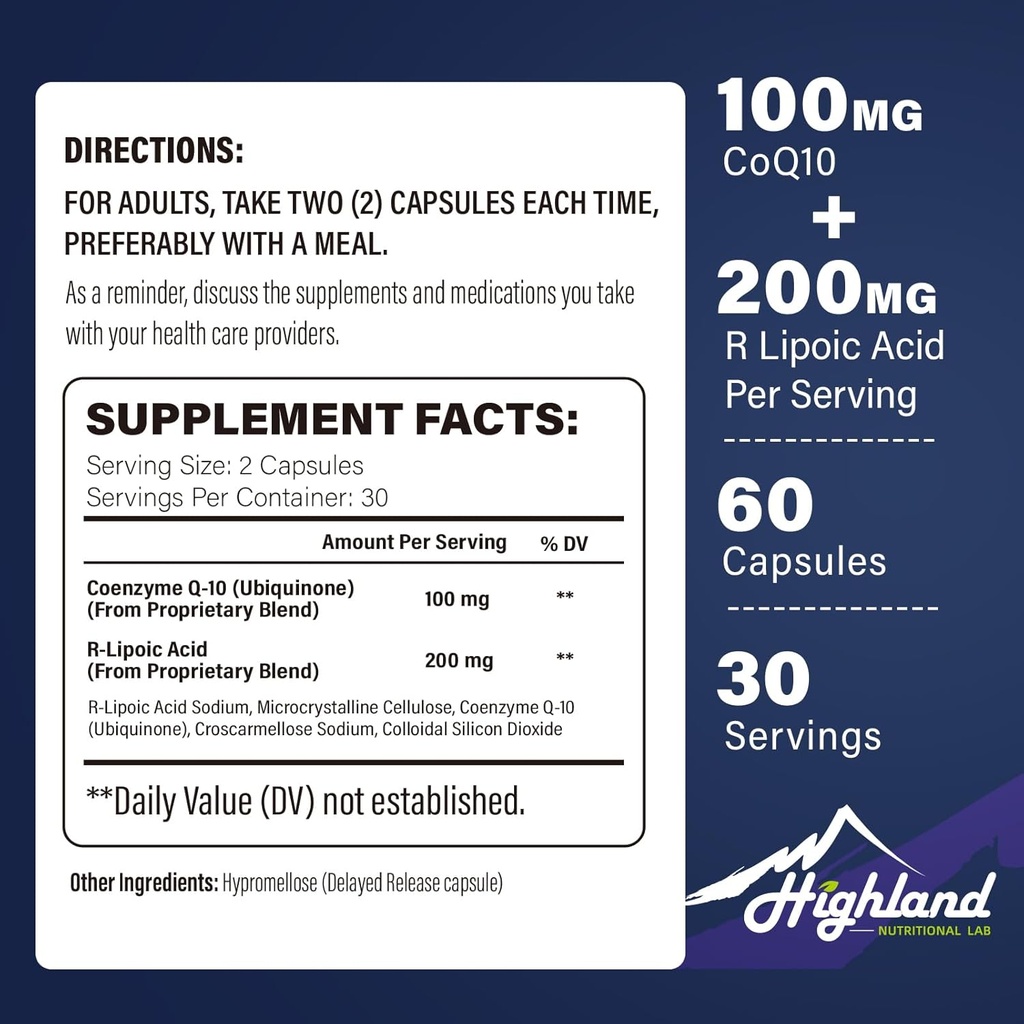 CoQ10 100mg + Kwas R- Lipoinowy 200mg na jedną porcję, 1 Miesiąc dostawy, do 5X Ulepszony Wchłanianie, Kwas R- Lipoinowy / Suplement CoQ10 dla zdrowia serca i Cognitive Health- 60 Kapsułki