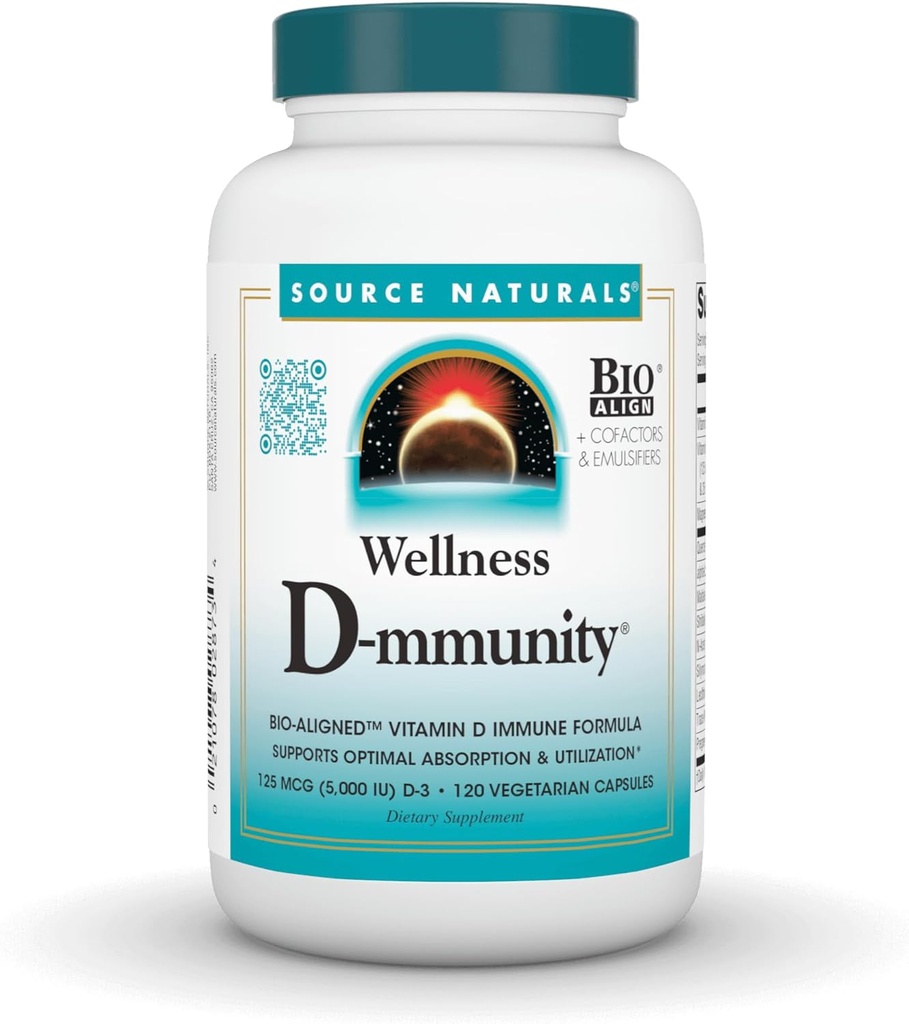 Źródło Naturals Wellness D- mmuninty, Bio- Dopasowana witamina D formuła immunologiczna, Wspiera optymalne wchłanianie i wykorzystanie * - 120 Kapsułki wegetariańskie