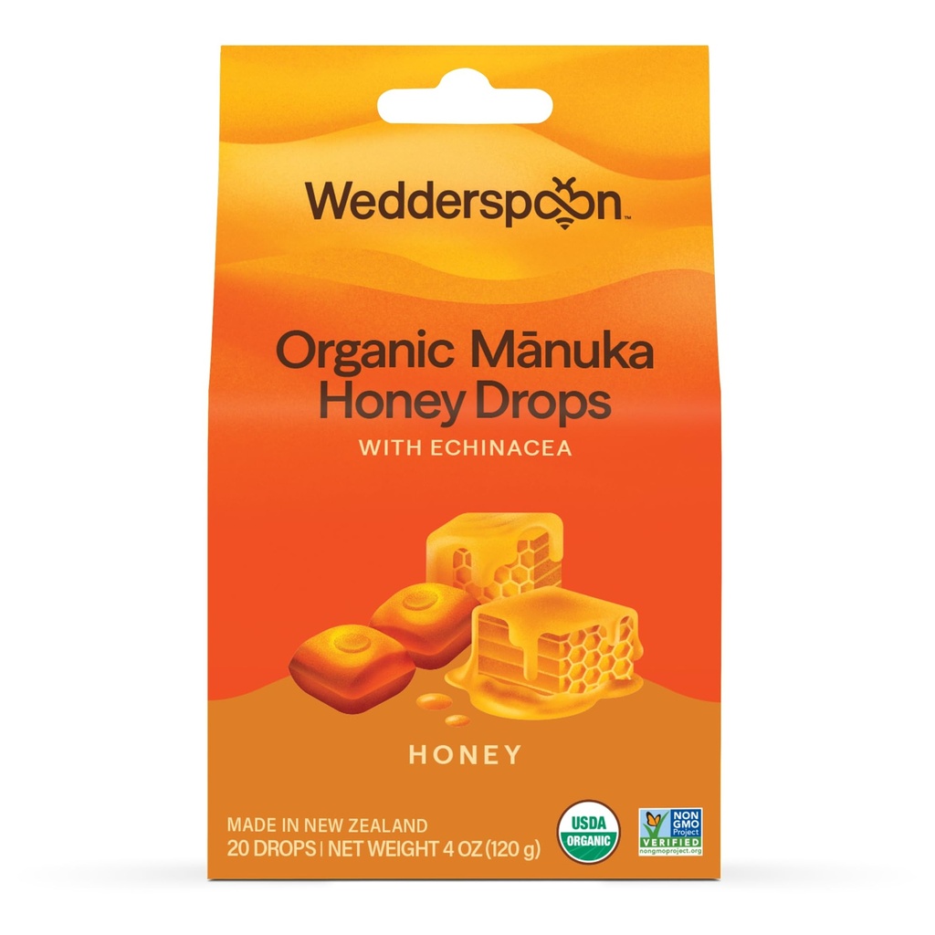 Wedderspoon Organic Manuka Honey Drops, Honey & Echinacea, 20 Count (Pack of 1) Next 124; Genuine New Zealand Honey Description 124; Perfect Remedy for dry throats