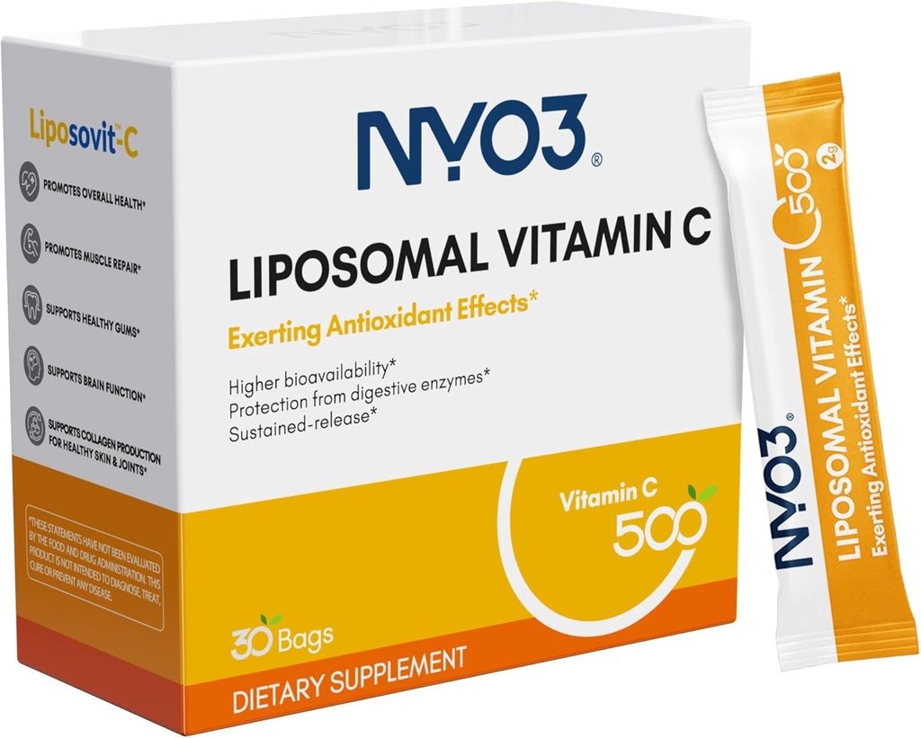 NYO3 Liposomalna witamina C Proszek, Wspiera układ immunologiczny i Kolagen Booster, Potężny przeciwutleniacz, Poprawa zdrowia skóry, Bez glutenu, Wysoka absorpcja Witamina C, 500mg, 30 Licznik