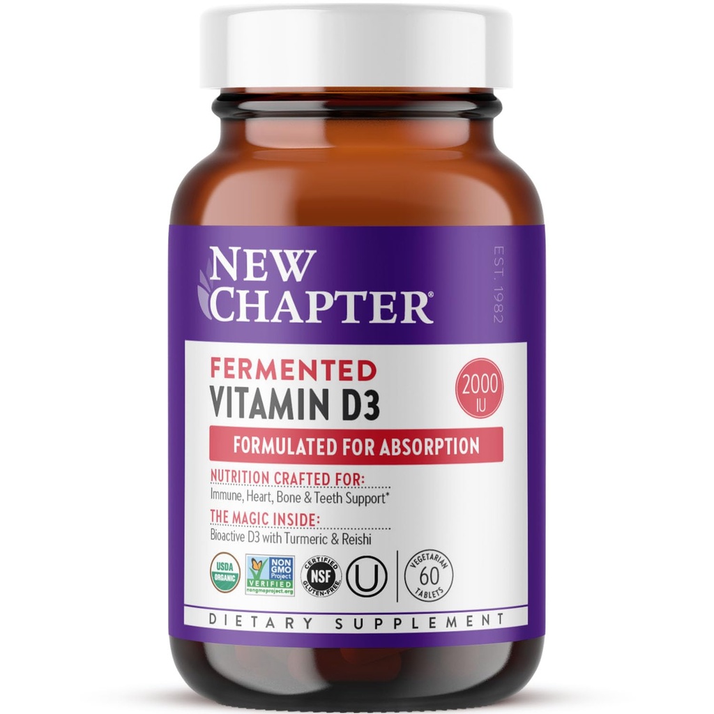 Nowy rozdział Fermentowana Witamina D3 2000 IU, Organic, One Daily for Immune, Heart & Bone Support + Full-Food Turmeric, Adaptogenic Reishi Mushroom, 100% wegetarianin, Gluten Free, 60 Count