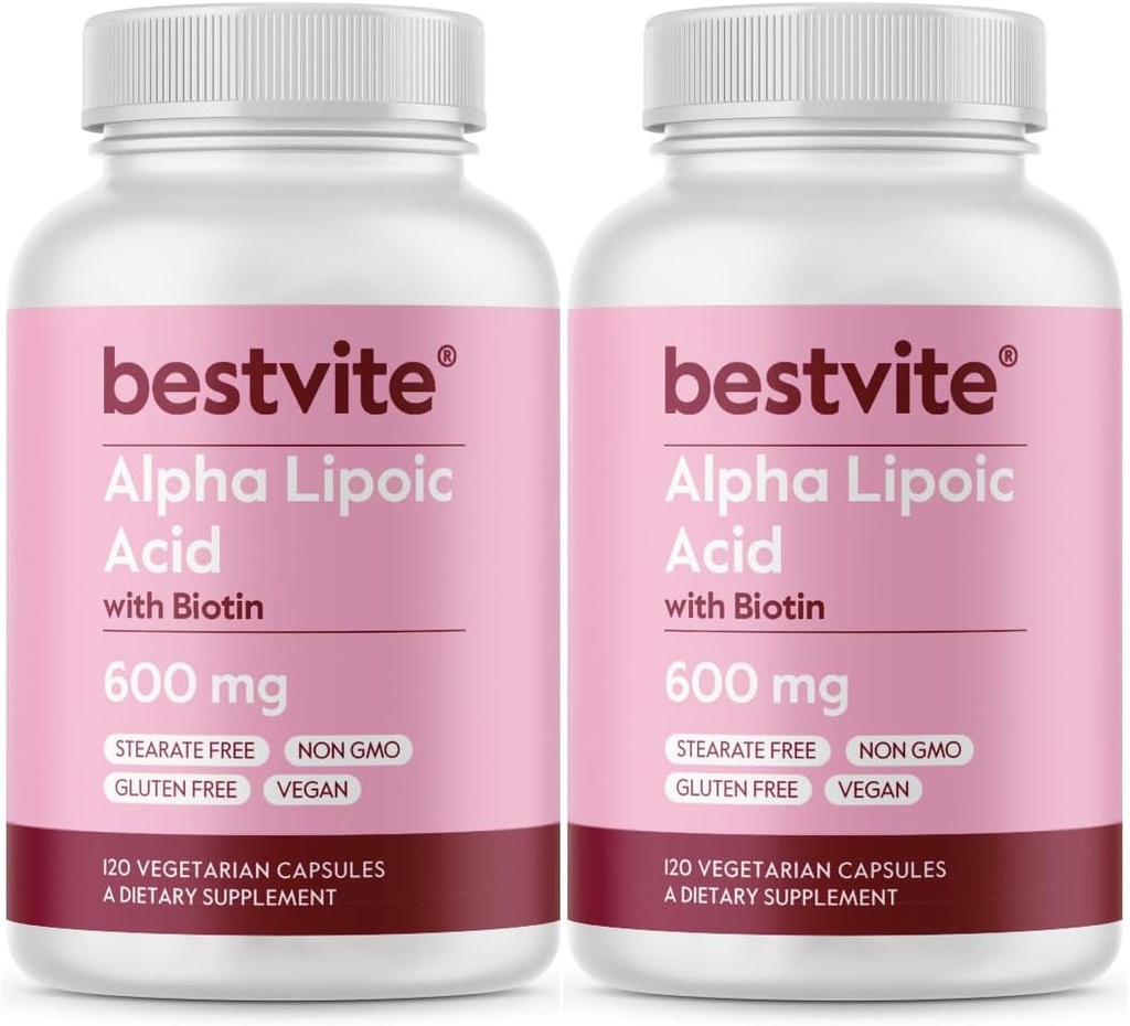 Alpha Lipoic Acid 600mg (na kapsułkę) z biotyną do zwiększenia wchłaniania (240 Kapsułki wegetariańskie) (2 x 120) No Fillers - No Stearates - No Flow Agents