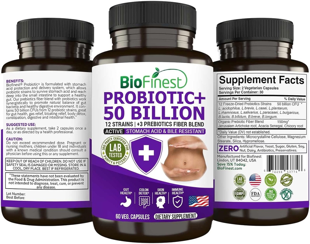 BioFinest Probiotic 50 Miliard CFU Suplement enzymatyczny - 12 Probiotyki Szczepy z 3 Naturalne Prebiotyki - Gut Detox Gaz Bloating Zaparcia - Acidophilus dla mężczyzn Kobiety (60 Veg. czapki)