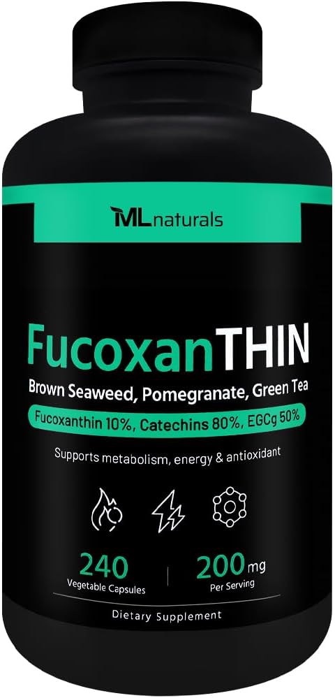 ML Naturals Fucoxanthin 240 Kapsułki roślinne. Fukoksantyna 10% 200 mg na podawanie, wspomaga metabolizm i przeciwutleniacz, NSF- Certified & cGMP- Compliant