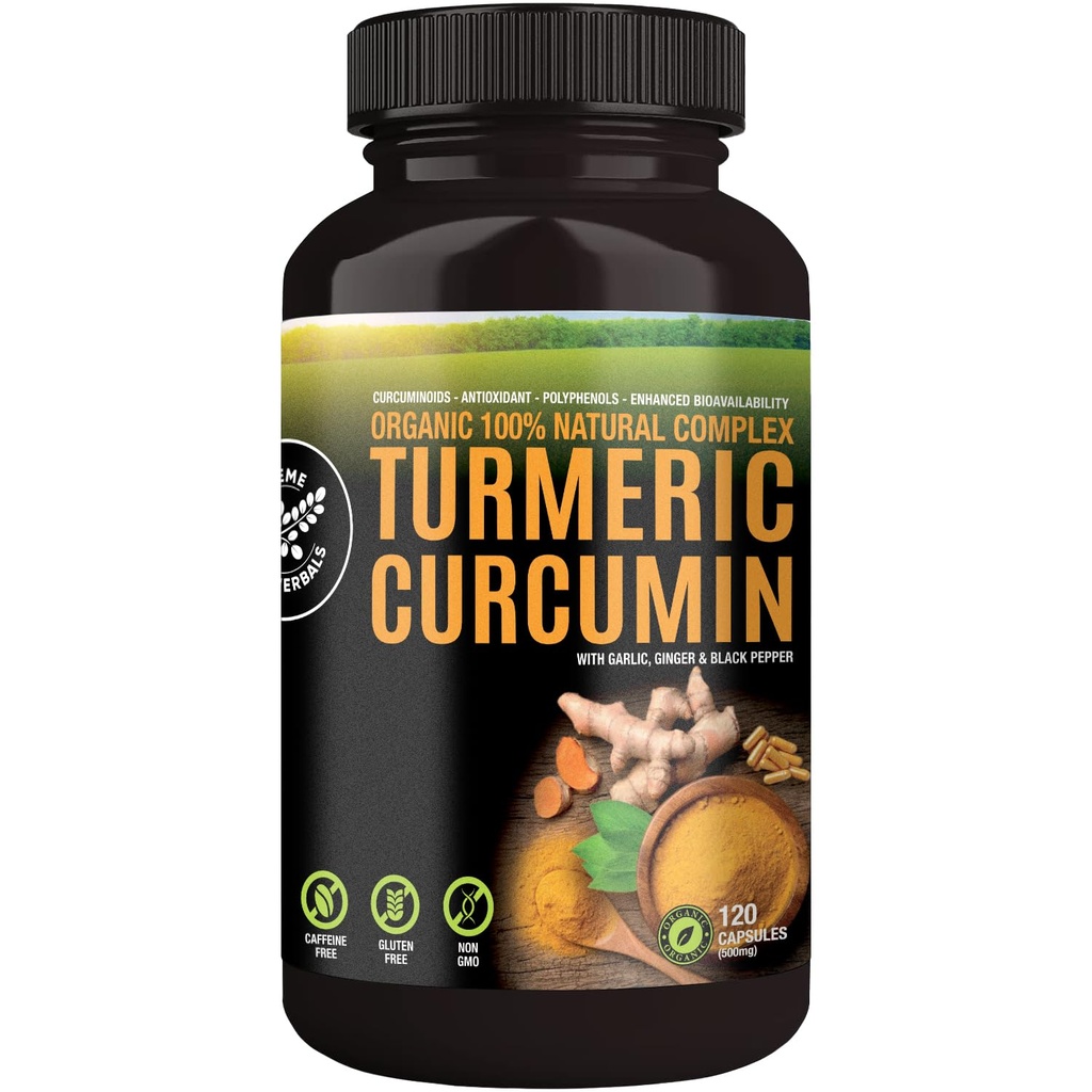 100% surowej i organicznej kurkuminy kurkumy. Certified Organic, Gluten- Free, Non-GMO i Caffeine- Free. Wzmocnione czosnkiem, Ginger i Black Pepper, 500mg, 120 Kapsułki wegańskie
