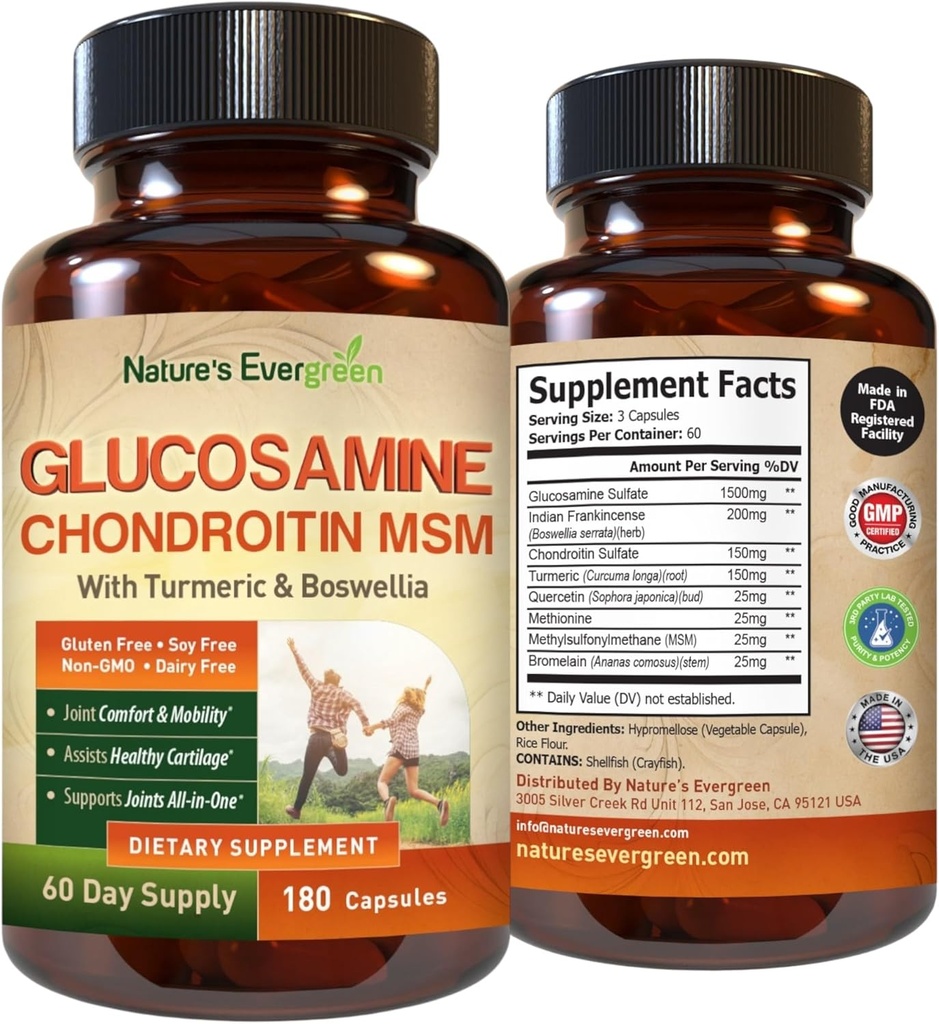 Glukozamina Chondroitin MSM z suplementem Turmeric & Boswellia DEVE 124; Suplement Joint Support Sulfat Glukozaminy 1500mg EVE 124; Joint Health Chondroitin Sulfat MSM dla kobiet i mężczyzn - 180 Kapsułki