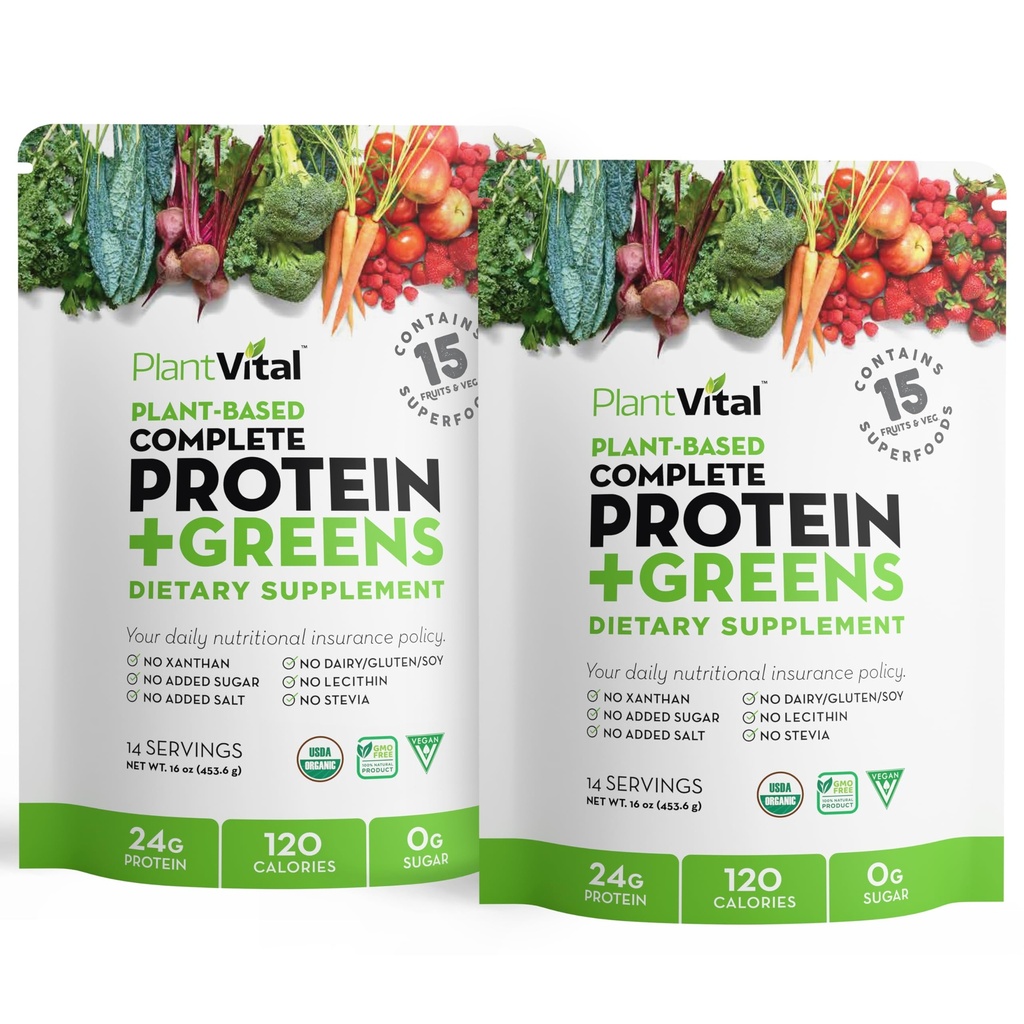 Plantvital Unflavored Organic Vegan Protein Powder - 15 Superfoods, Veggies and Probiotics - Organic Plant- Based Protein Powder - Wszystkie BCAA, Gluten Free - 16oz (Opakowanie 2)