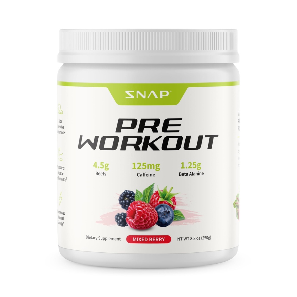 Snap Supplements Pre Workout Beet Root Powder, Nitric Oxide Precurrence Supplement for Men and Women - Energy and Heart Health Support, 8.8 oz, (30 Servings, 1 Month Supply), Mieszane Berry