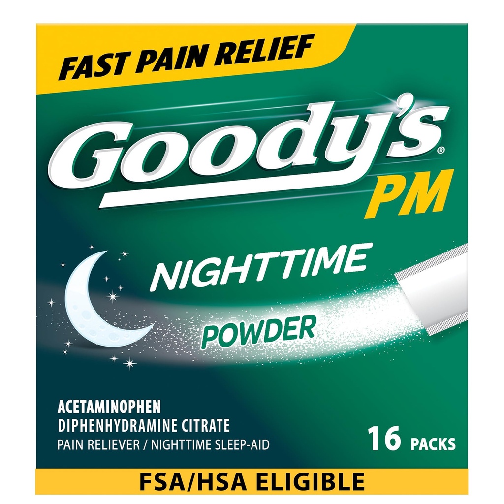 Goody 's Nighttime Powder, Pain Reliever & Sleep Aid with Acetaminofen & Difenhydramine Citrate, Kofeina Free, 16 Count