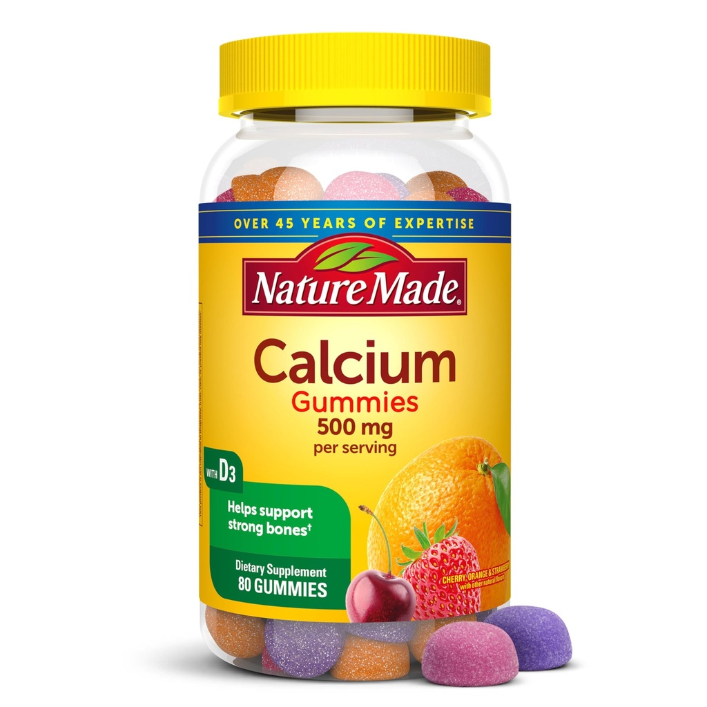 Nature Made Wapnia Gummies 500 mg Na podawanie z witaminą D3, Dietetyczny suplement wapnia dla wsparcia kości, 80 Gummies, 40 Day Supply