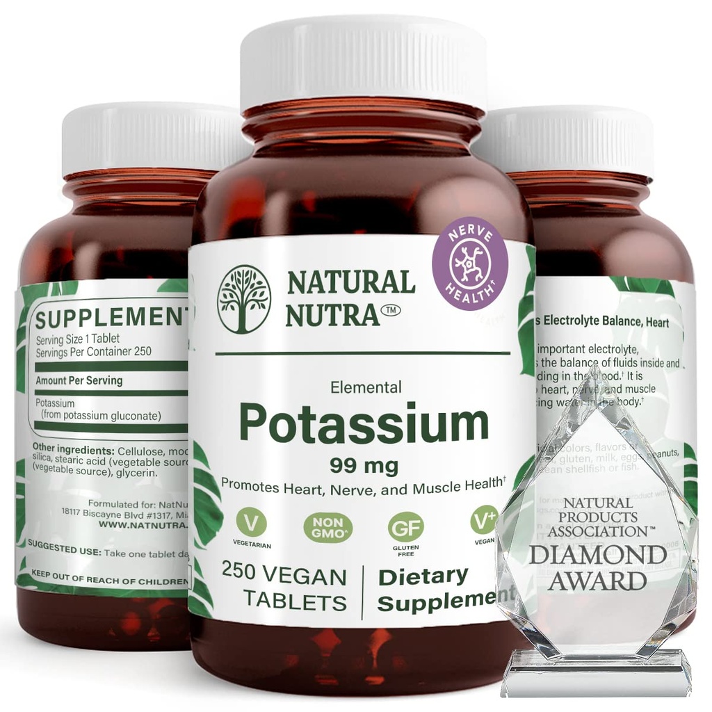 Naturalny Glukonian potasu Nutra Elemental 99 mg Suplement diety - Promotes Energy, Pomaga zwiększyć system nerwowy, Promotes Heart Health, Regulacja mineralna, Funkcja mięśni - 250 Wegan Tablets