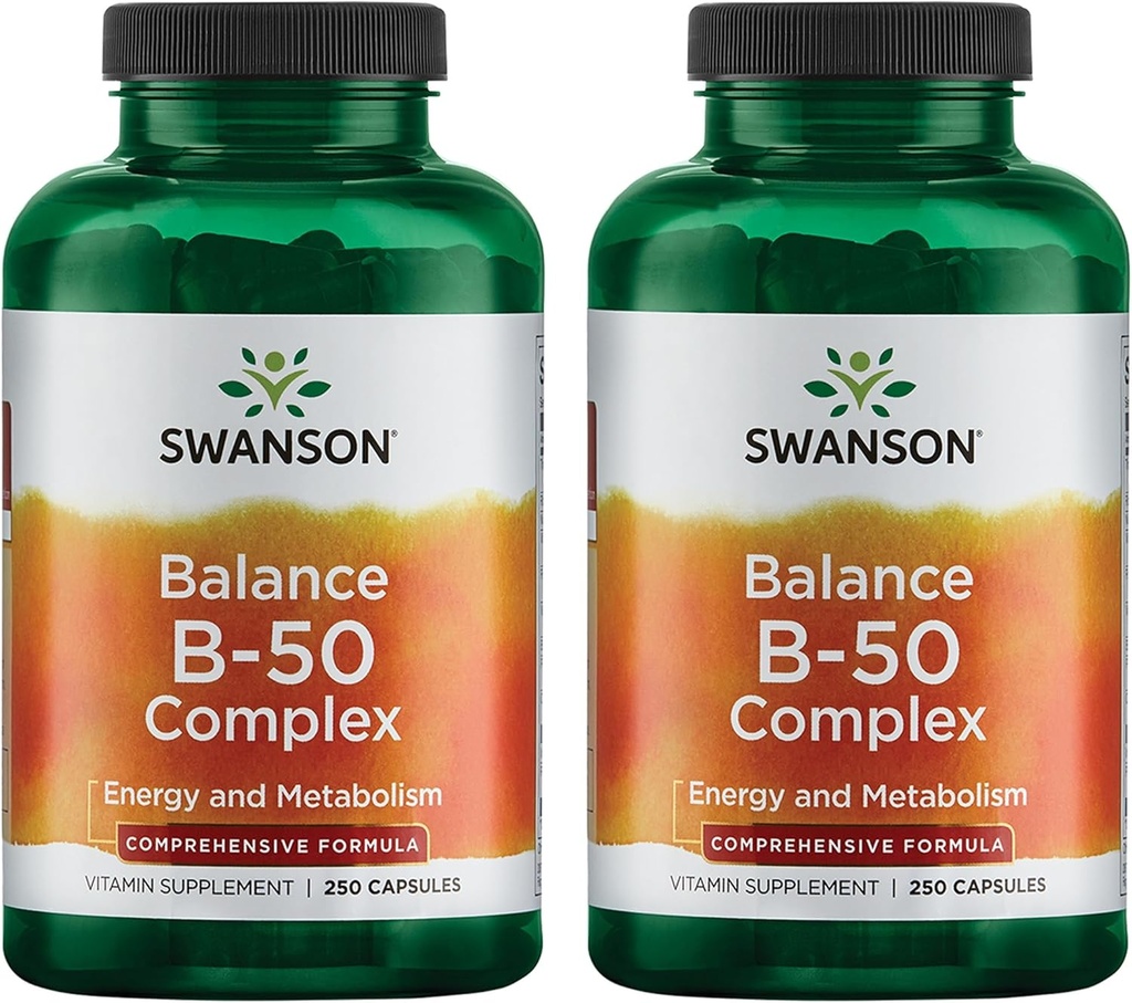 Swanson B- 50 B- Complex - B Kompleks witamin o dużej mocy i biodostępności - Promotes Immune System Support, Aids Heart Health, & Wspiera zdrowy system nerwowy - (250 kapsułek) (2 opakowania)