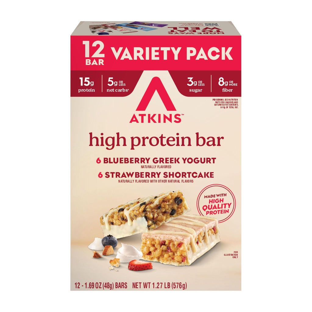 Atkins Blueberry grecki Jogurt & Truskawka Shortcake High Protein Bar, High Fiber, Keto Friendly, 12 Count (6 Barów każdego smaku)