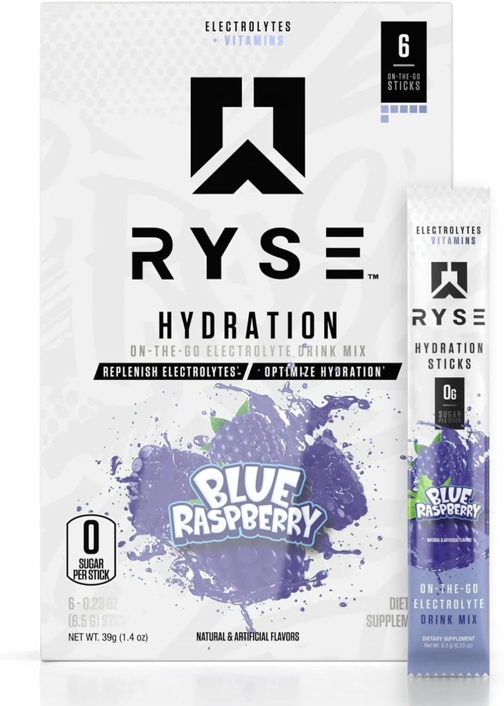 Ryse Core Hydration Bis 124; On The Go Electrolyte Drink Mix Pakiety 124; ze wszystkimi 6 Elektrolity + Witaminy zasadnicze 124; Zero cukru 124; 6 Sług (Blue Malina)