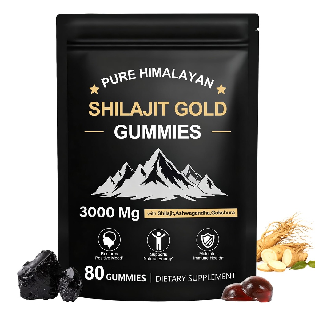 Shilajit Gummies, Pure Himalayan Shilajit Gummies Gold, No Added Sugar Non-GMO 100% Natural & Organic, Ashwagandha, Gokshura Gummies 124; Kwas Fulvic & 85 + Minerały dla mężczyzn, Kobiety Gummy 124; 60