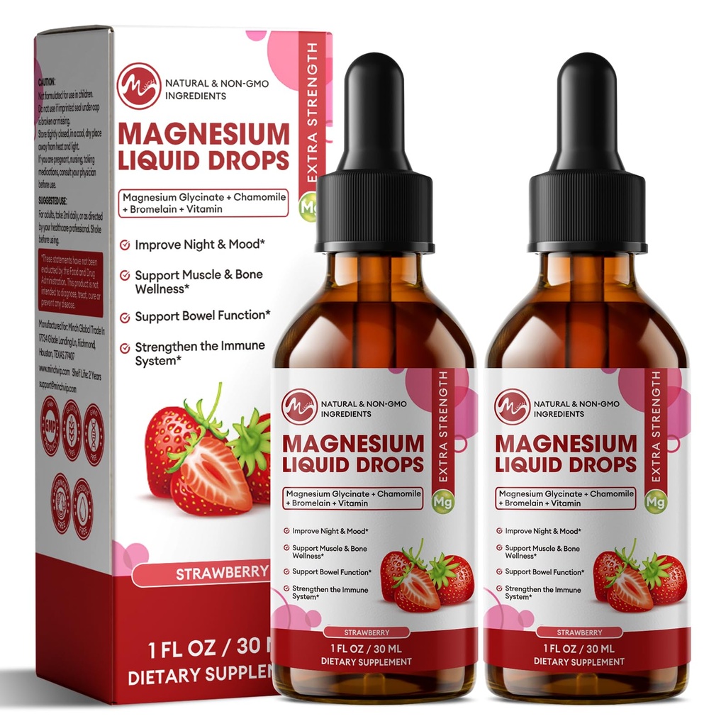 M cala Magnezu Glicynian Płyn, Wysoka Absorpcja Magnezu Płyn Krople z Celulozy Fiber, Bromelain, Witamina B6, C, D, Cynk, Magnezu Suplement dla dzieci i dorosłych, Strawberry Flavor, 2 Pack