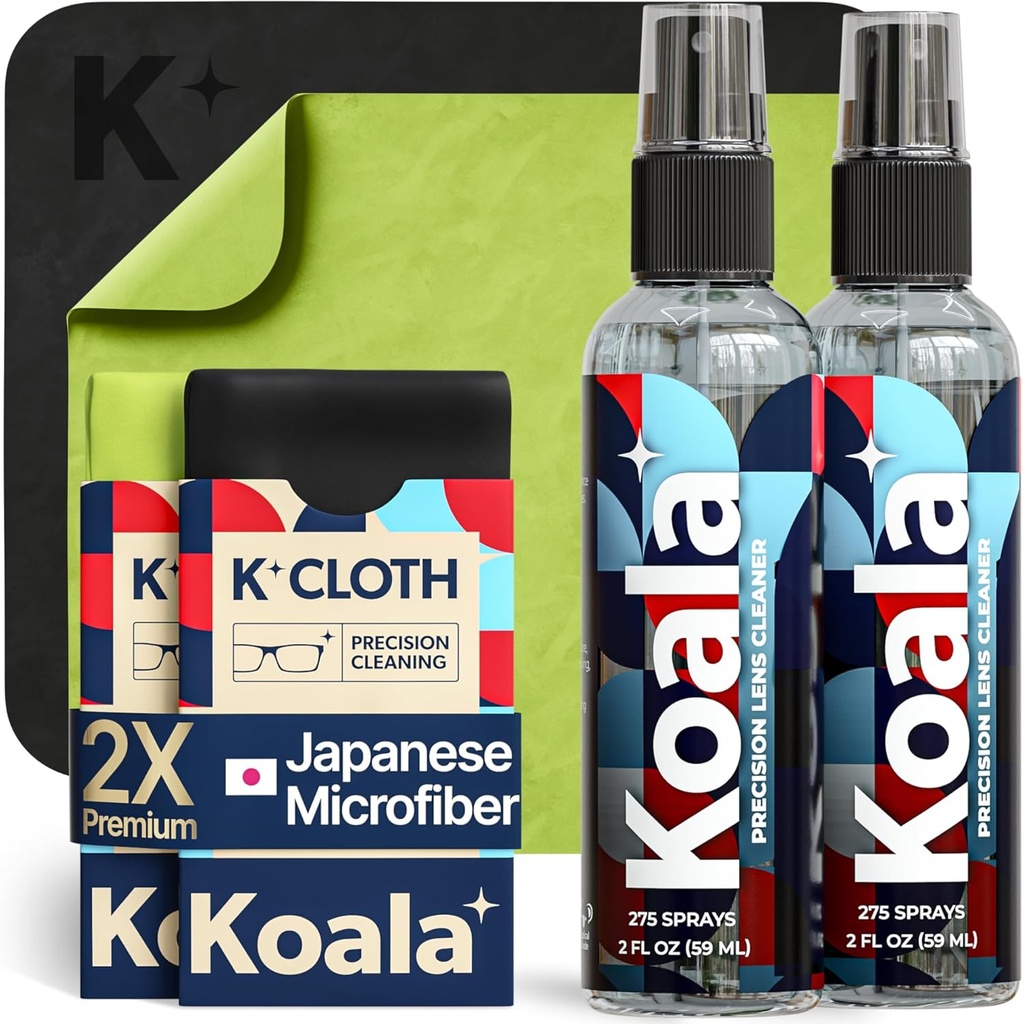 Koala Eyeglass Lens Cleaner Zestaw zraszający 124; (2x) Butelka do czyszczenia szkła + (2x) Mikrofibry Ubranie 124; Alkohol Free Eyeglass, Screen i Zestaw do czyszczenia kamery 124; Made in USA (4 Piece set)