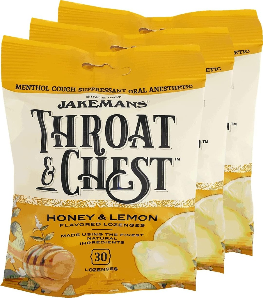 Jakemans Honey and Lemon Throat & Chest Lozenges Cough Drops - Cough, Sore Throat and Sezonowy Distress Soothing Relief - Liquid Drop Shape - 30 Lozenges (3 Pack)