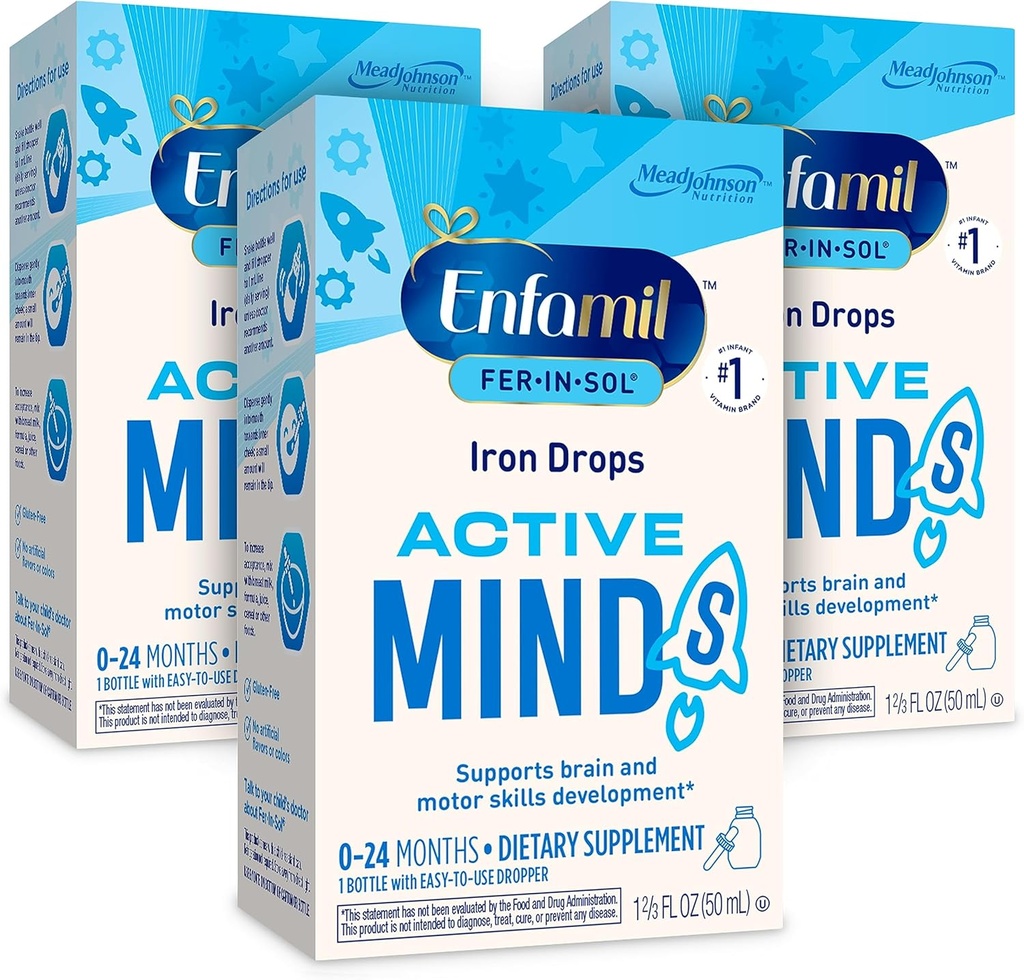 Enfamil Fer- In- Sol Żelaza suplement Dropy dla niemowląt i dzieci, Wspomaga rozwój mózgu, 50 ml kroplomierzem butelki, Opakowanie po 3