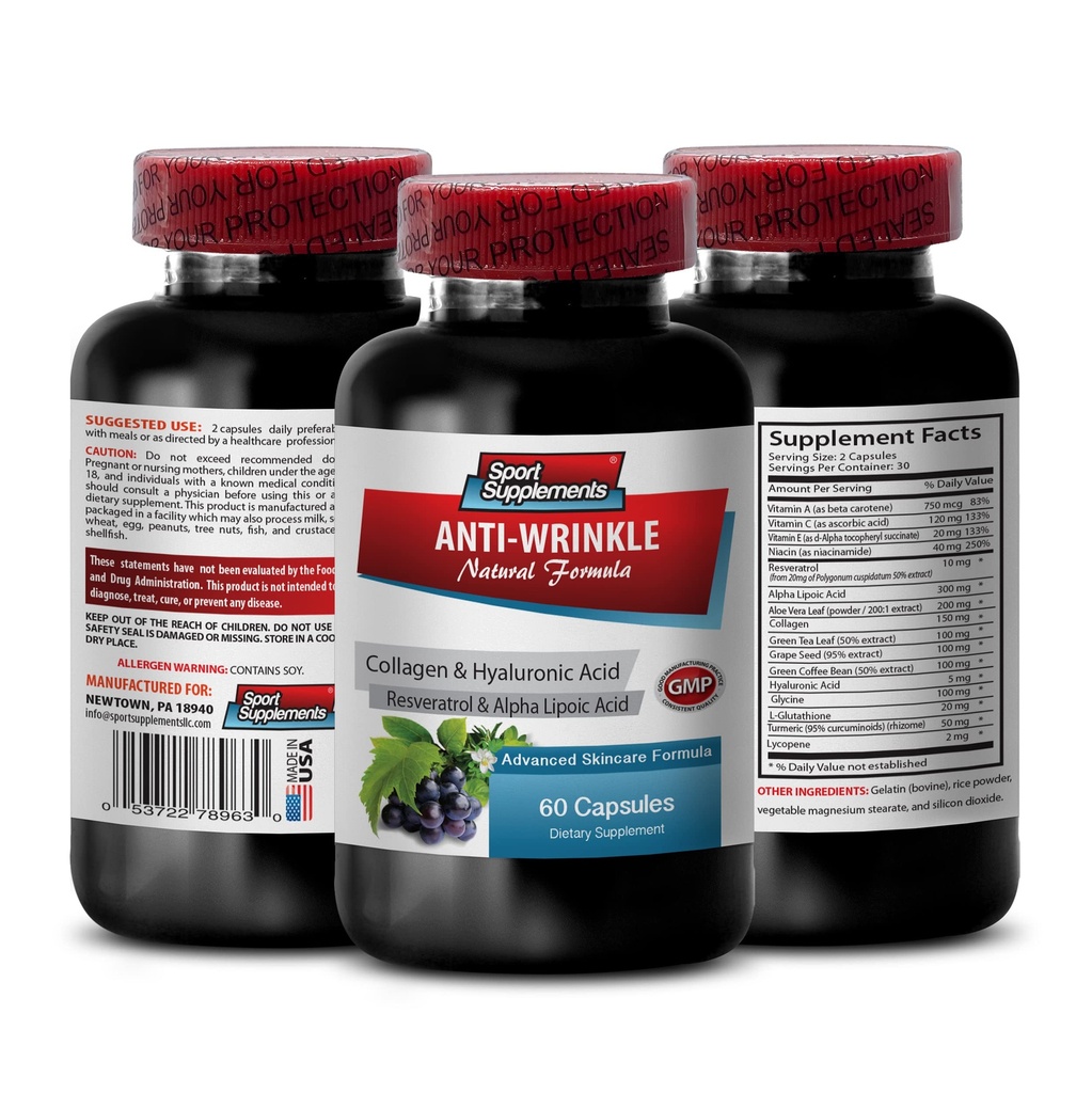 Resveratrol 250 - Tabletki przeciw zmarszczkom - Antystarzenie pielęgnacji skóry dla kobiet, kolagen anty zmarszczki pigułki, sok aloesowy vera na skórę, aloese kapsułki vera organiczne, witaminy kwasu hauloronowego, 1 Bot 60 Kapsułki