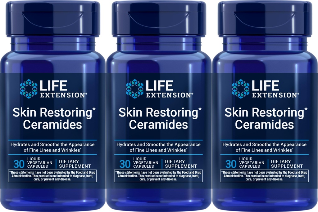 Life Extension Skóra Przywracanie Ceramidy, 30 Płynne kapsułki wegetariańskie (Opakowanie po 3)